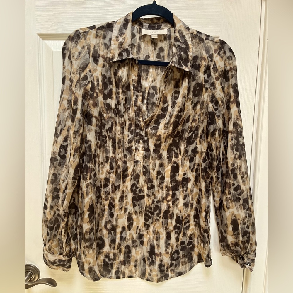 Loft blouse, size medium, multicolor - brown, black, tan, ivory.